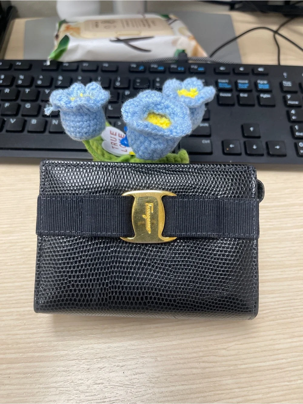 Salvatore Ferragamo Navy Vara Bow Leather Gold Accent Coin Purse w/Key Attchment